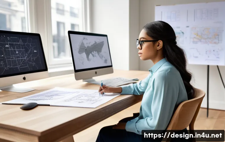 디자인 공모전 전략 - **Prompt:** A young, diverse female designer, dressed in smart business casual attire, is seated at ...
