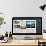 Home 22 편집 디자인 실무 - A modern graphic designer's workspace featuring a high-resolution computer screen displaying Adobe I...