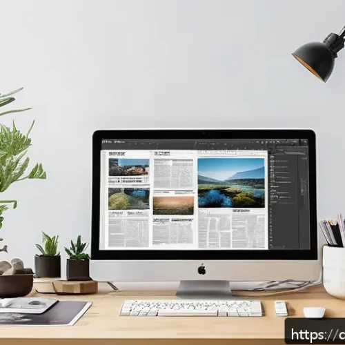 Home 17 편집 디자인 실무 - A modern graphic designer's workspace featuring a high-resolution computer screen displaying Adobe I...
