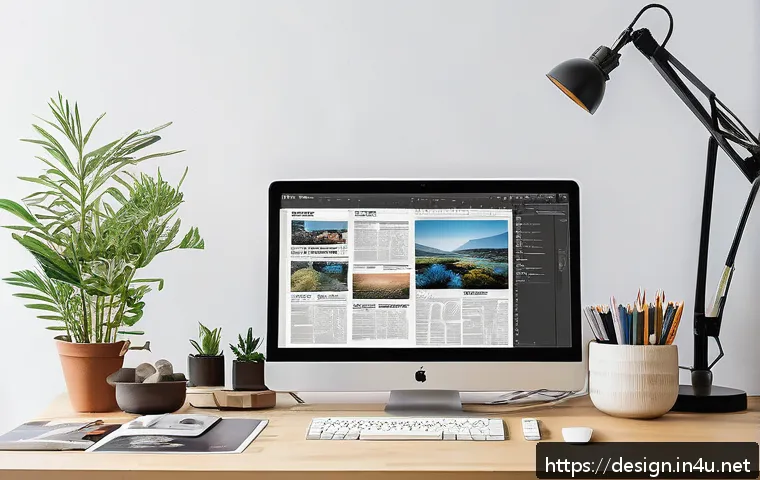 편집 디자인 실무 - A modern graphic designer's workspace featuring a high-resolution computer screen displaying Adobe I...