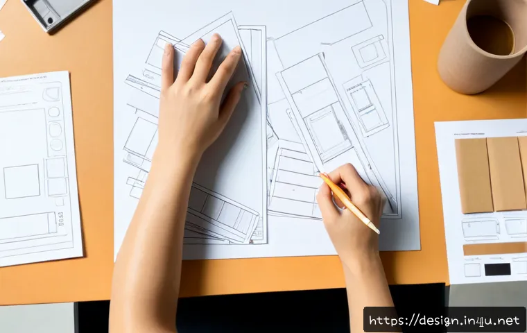 제품 디자인 프로세스 - Photorealistic product design process scene, top-down view of a clean modern studio desk with a desi...